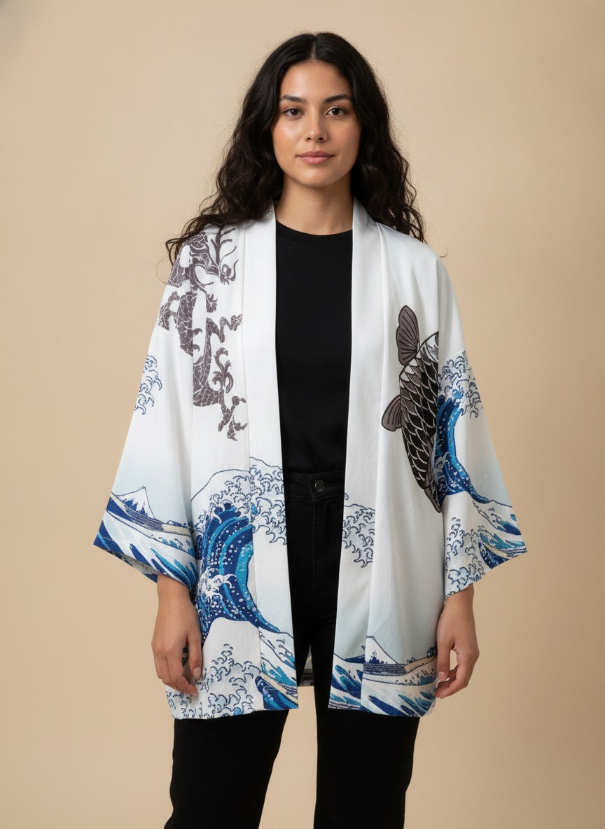 White kimono cardigan haori with Great Wave and koi print