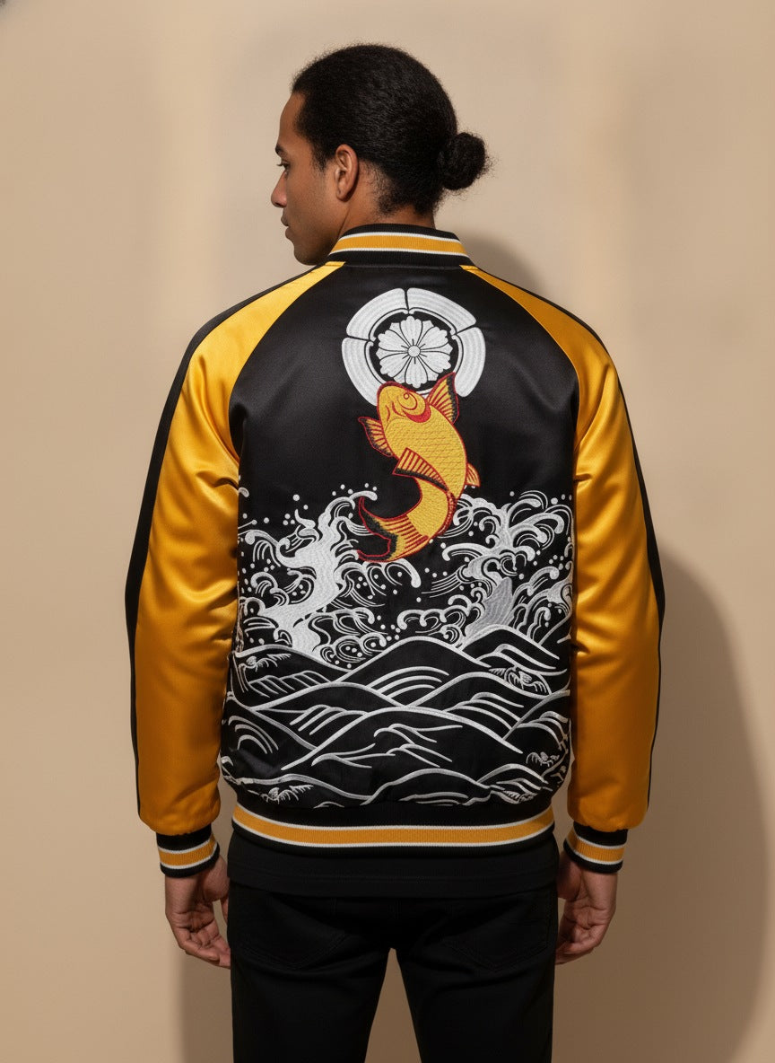 Golden koi embroidered on the back of a yellow sukajan jacket