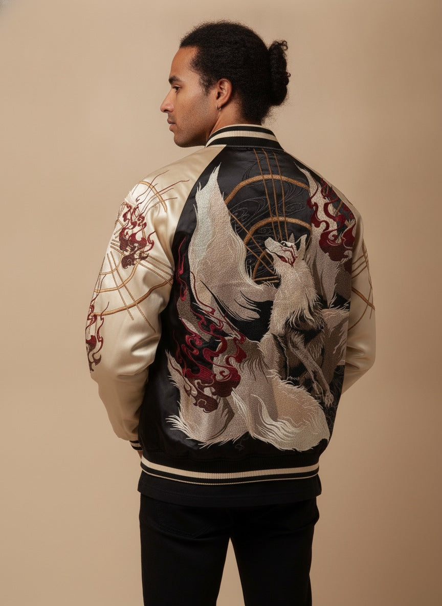Nine-tailed fox embroidered on the back of a sukajan jacket