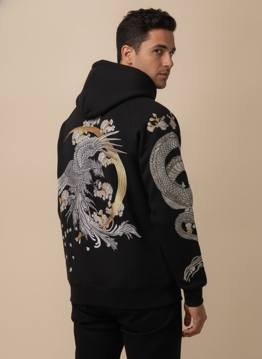 Embroidered phoenix Japanese hoodie, back view