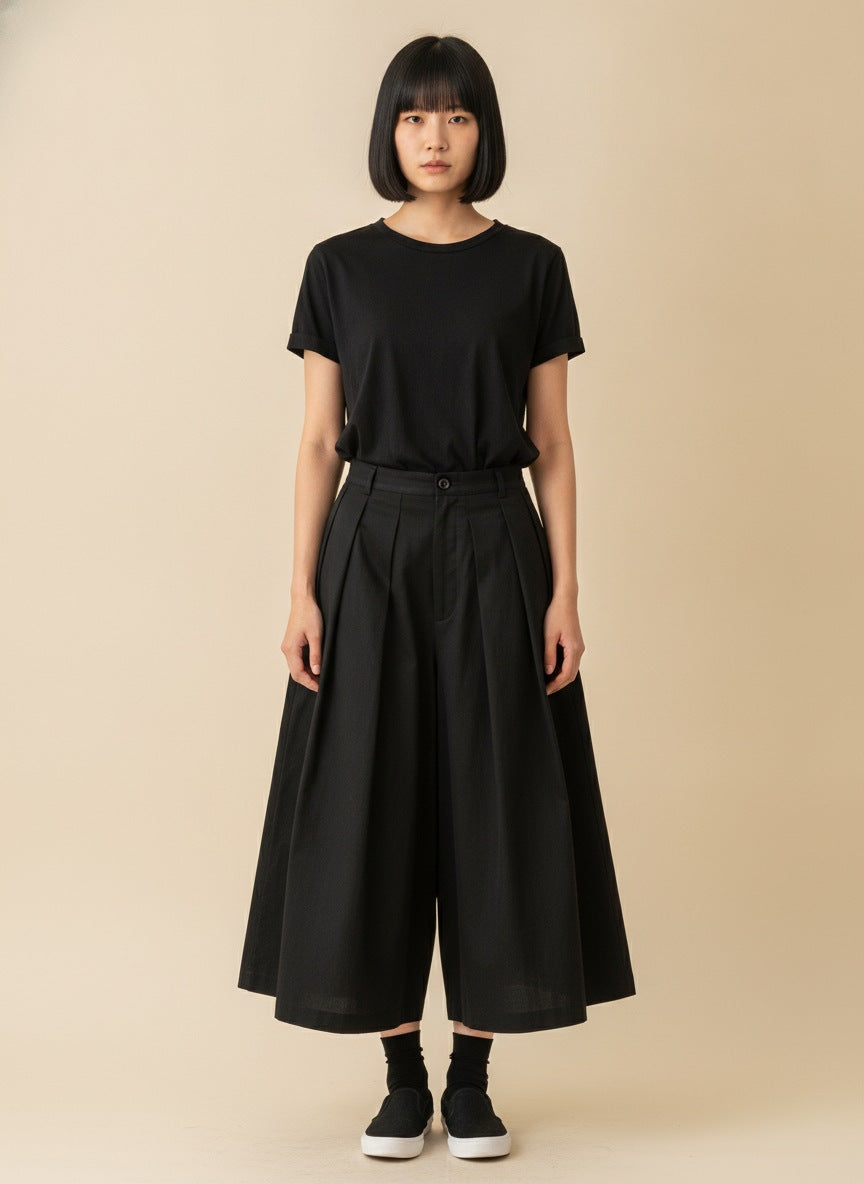 Black cropped wide-leg hakama pants worn by a model