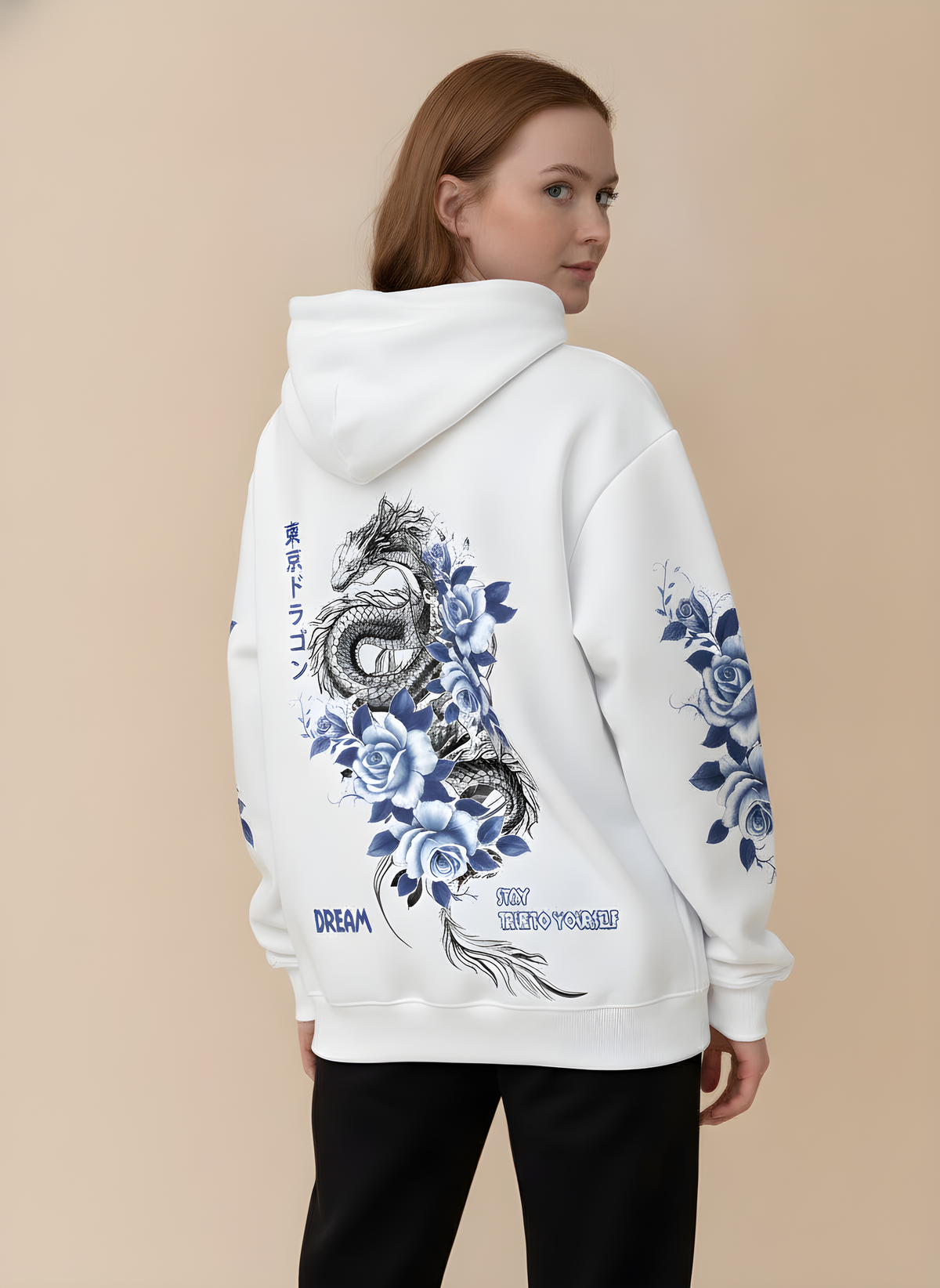 Dragon & Blue Rose Print Hoodie in White, on model