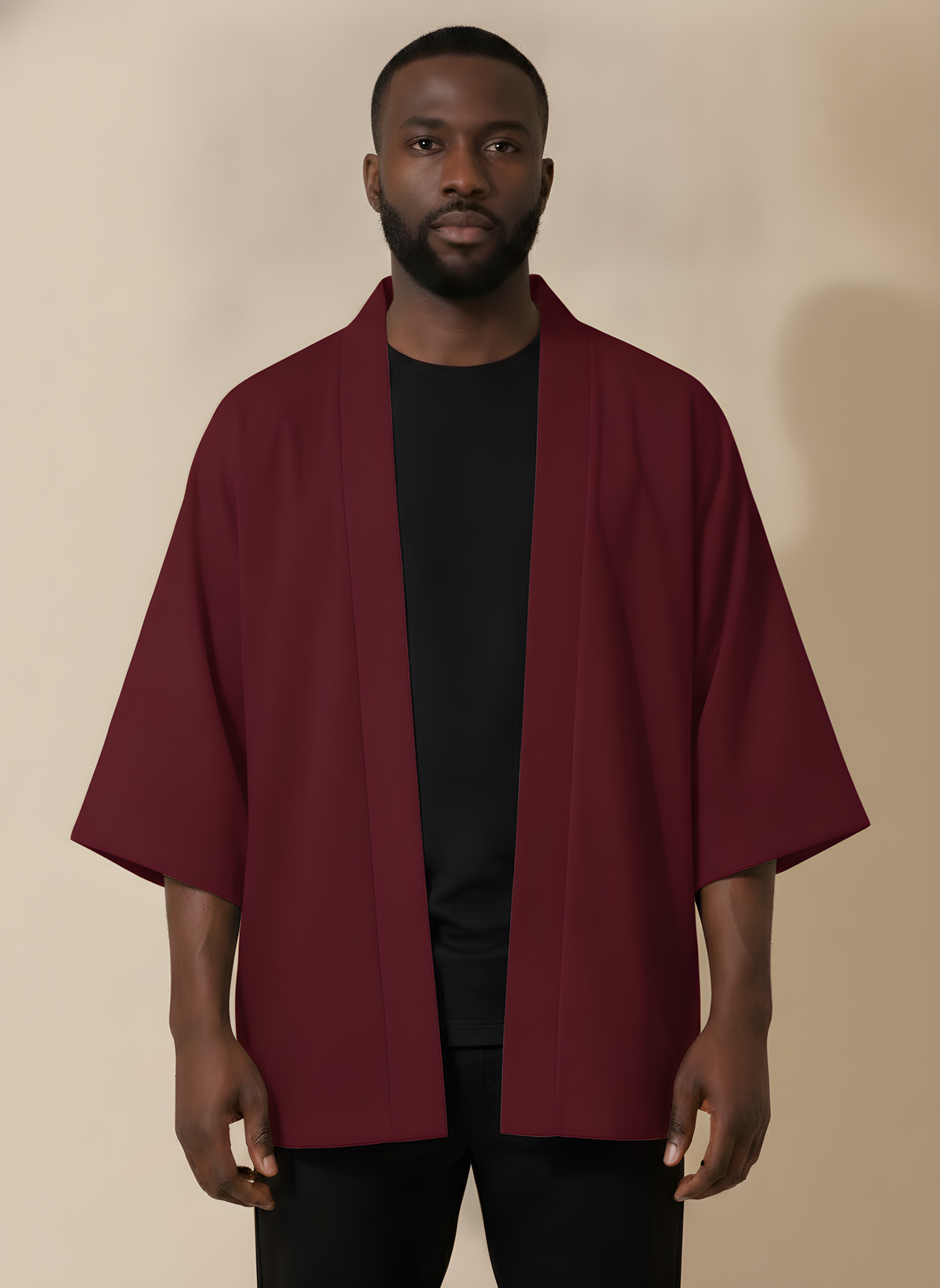 Solid Color Haori Kimono Cardigan in Red, on model