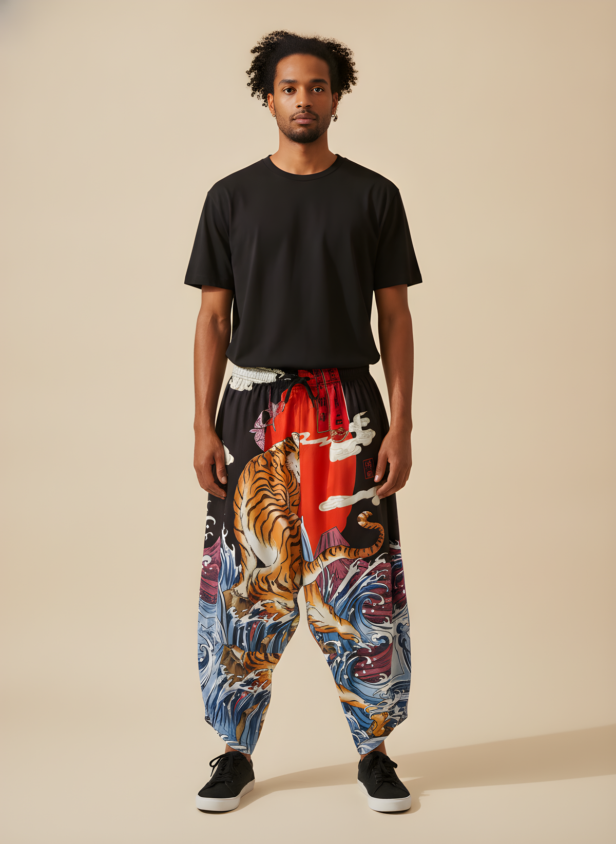 Tiger & Wave Kimono Harem Pants, front view on model