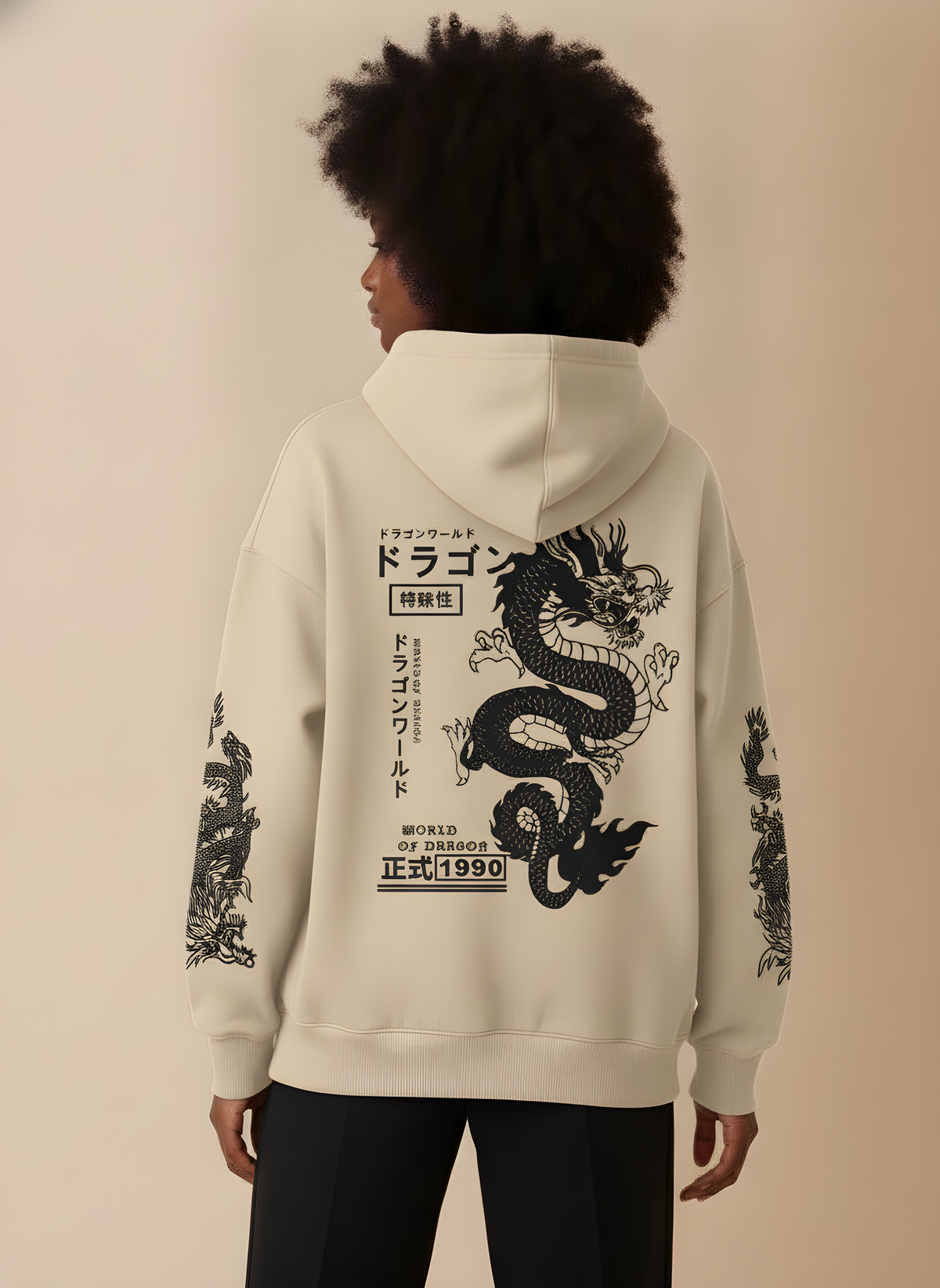 Dragon Print Japanese Hoodie in Khaki, on model