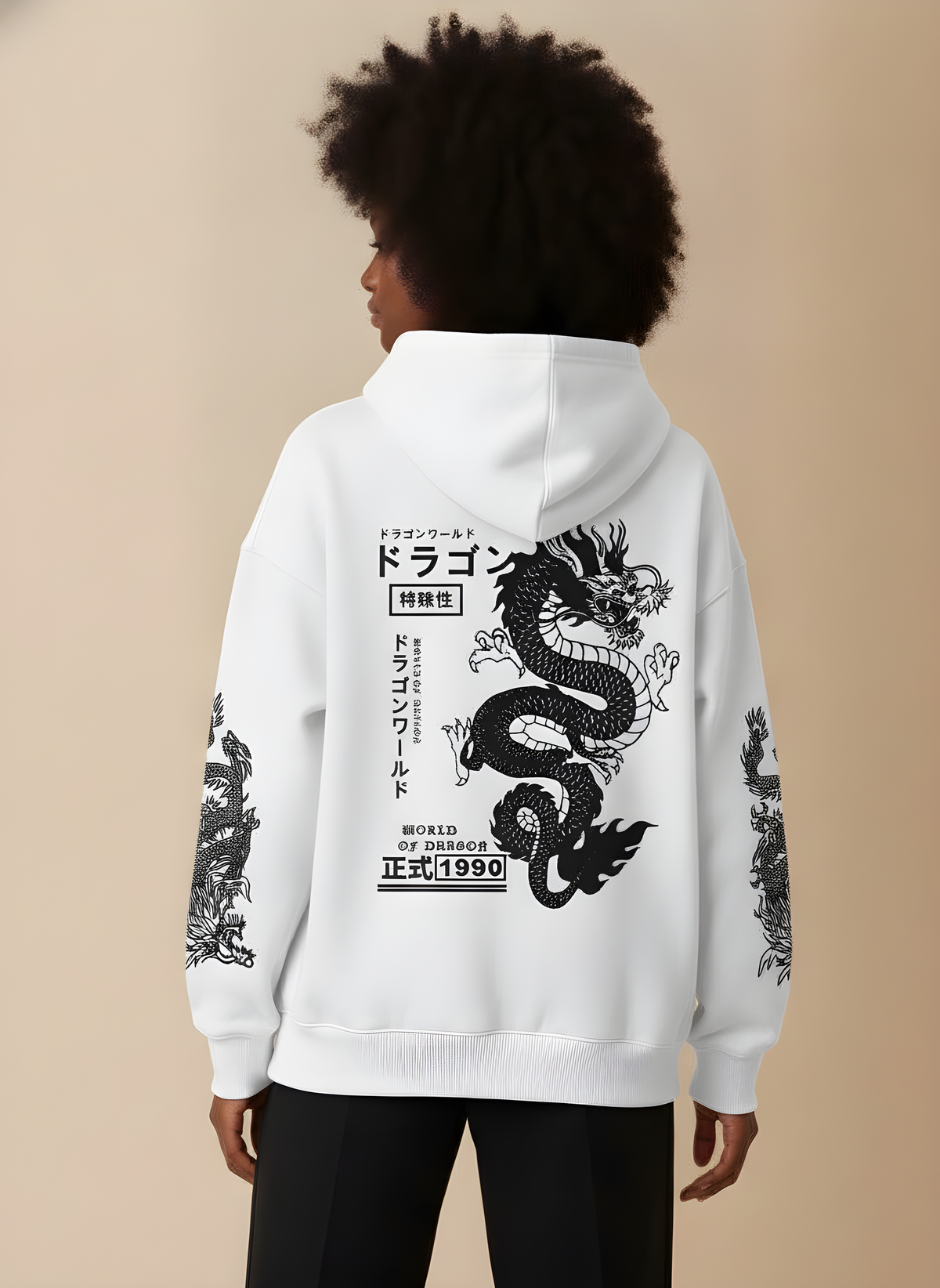 Dragon Print Japanese Hoodie in White, on model