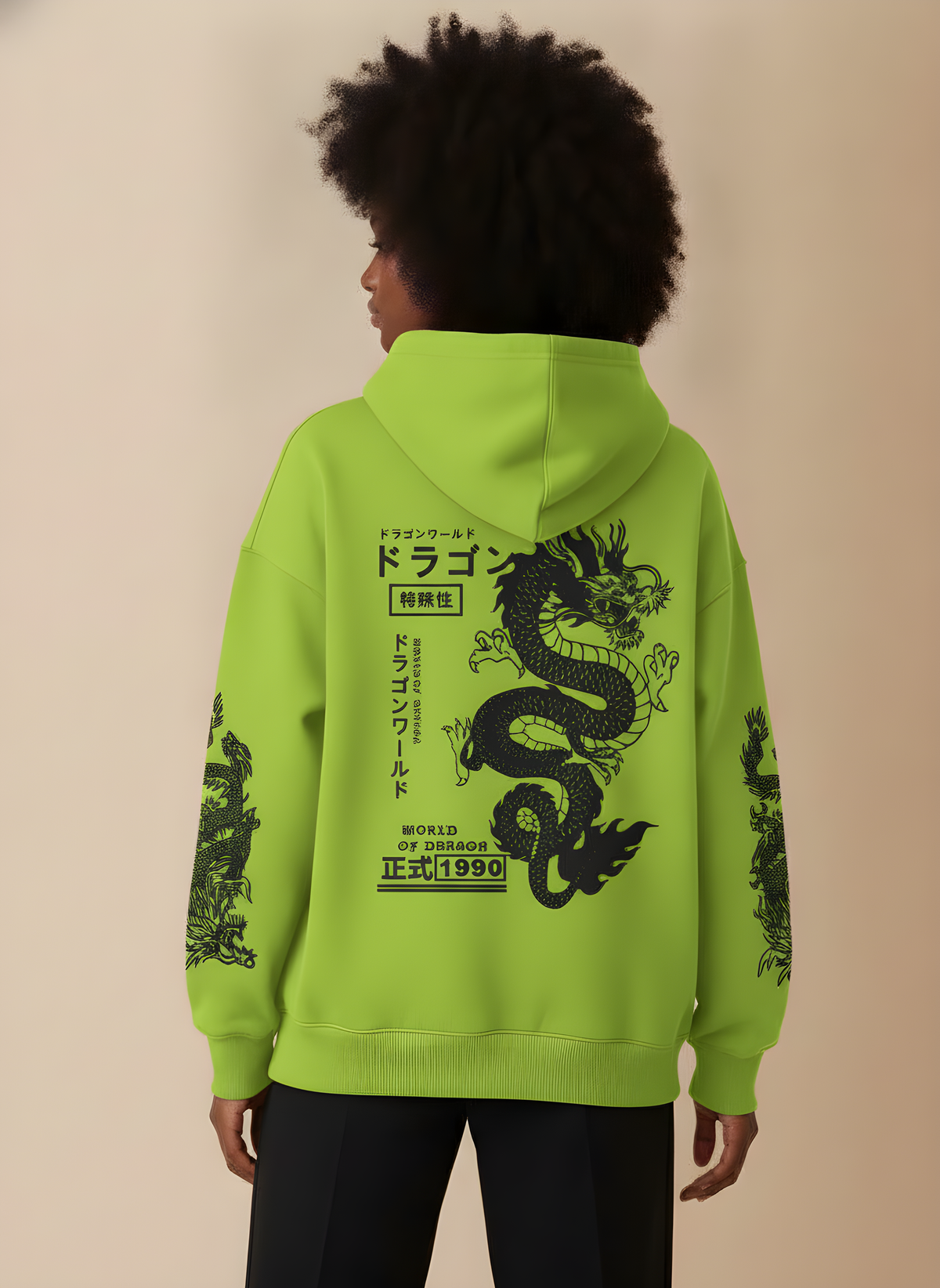Dragon Print Japanese Hoodie in Green, on model