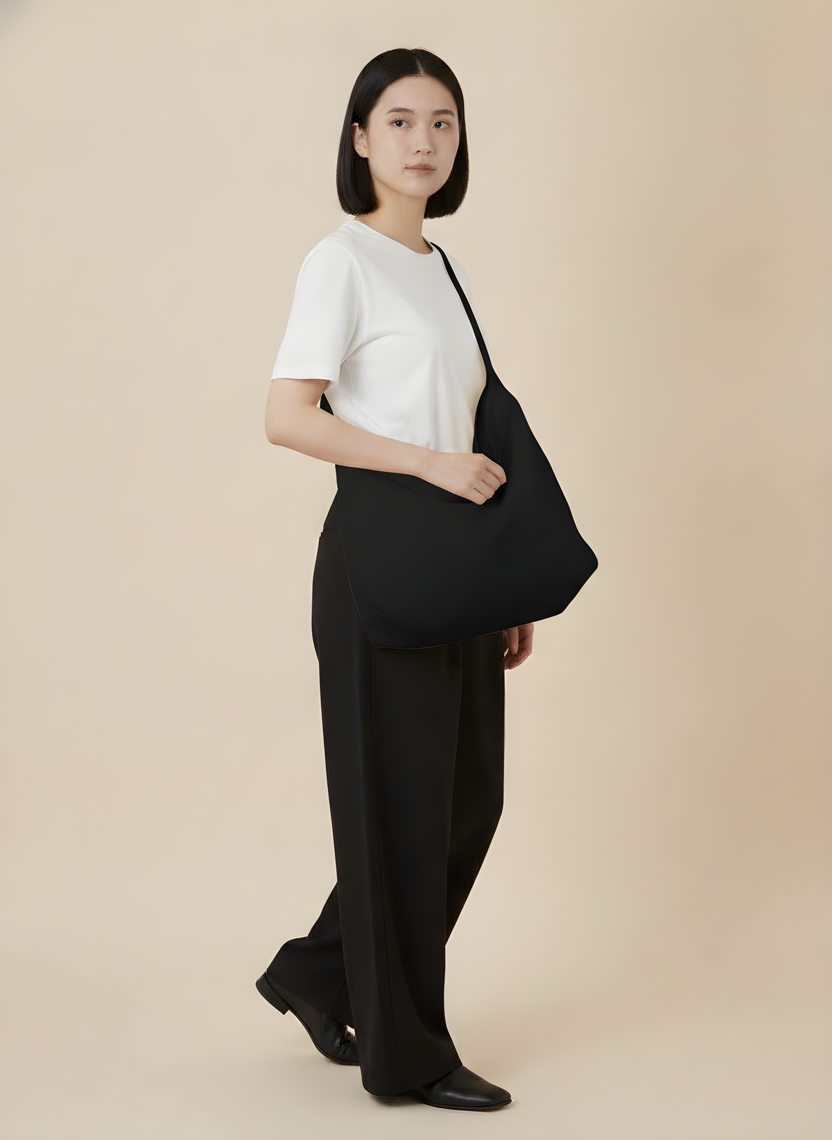 Japanese-Style Canvas Crossbody Bag in Black, on model
