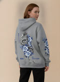 Dragon & Blue Rose Print Hoodie in Heather Gray, on model