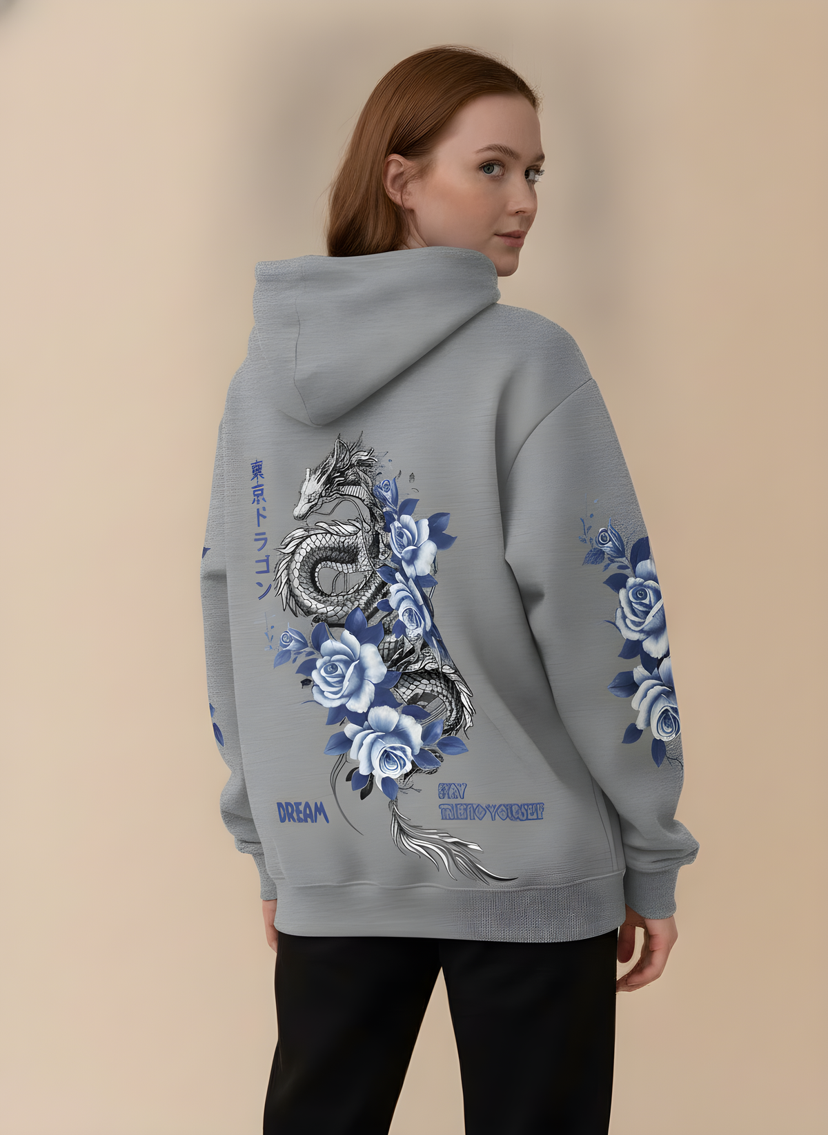 Dragon & Blue Rose Print Hoodie in Heather Gray, on model