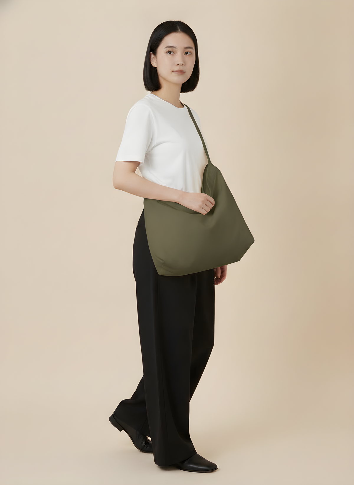 Japanese-Style Canvas Crossbody Bag in Green, on model