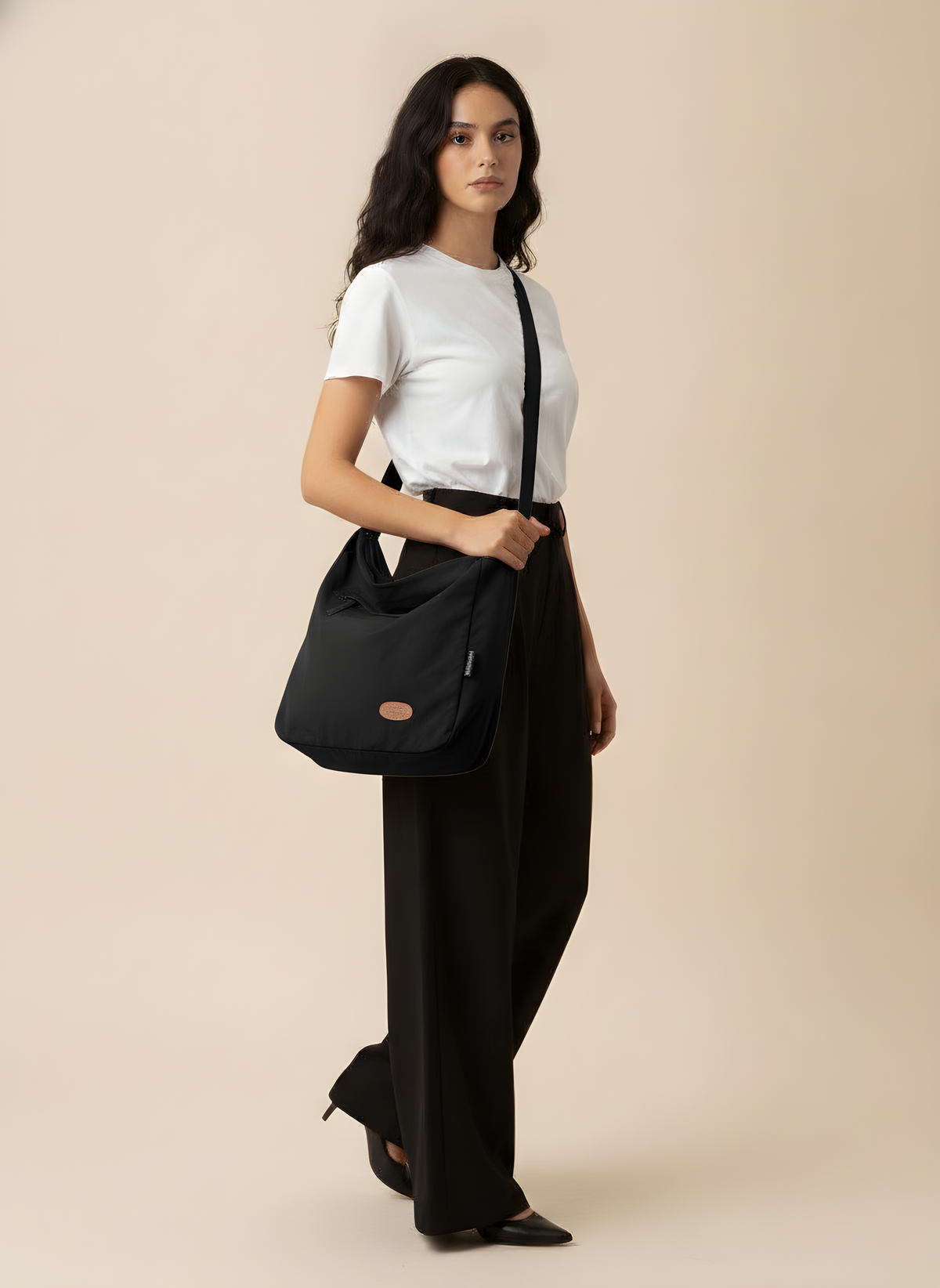 Large Japanese-Style Shoulder Bag in Black, on model