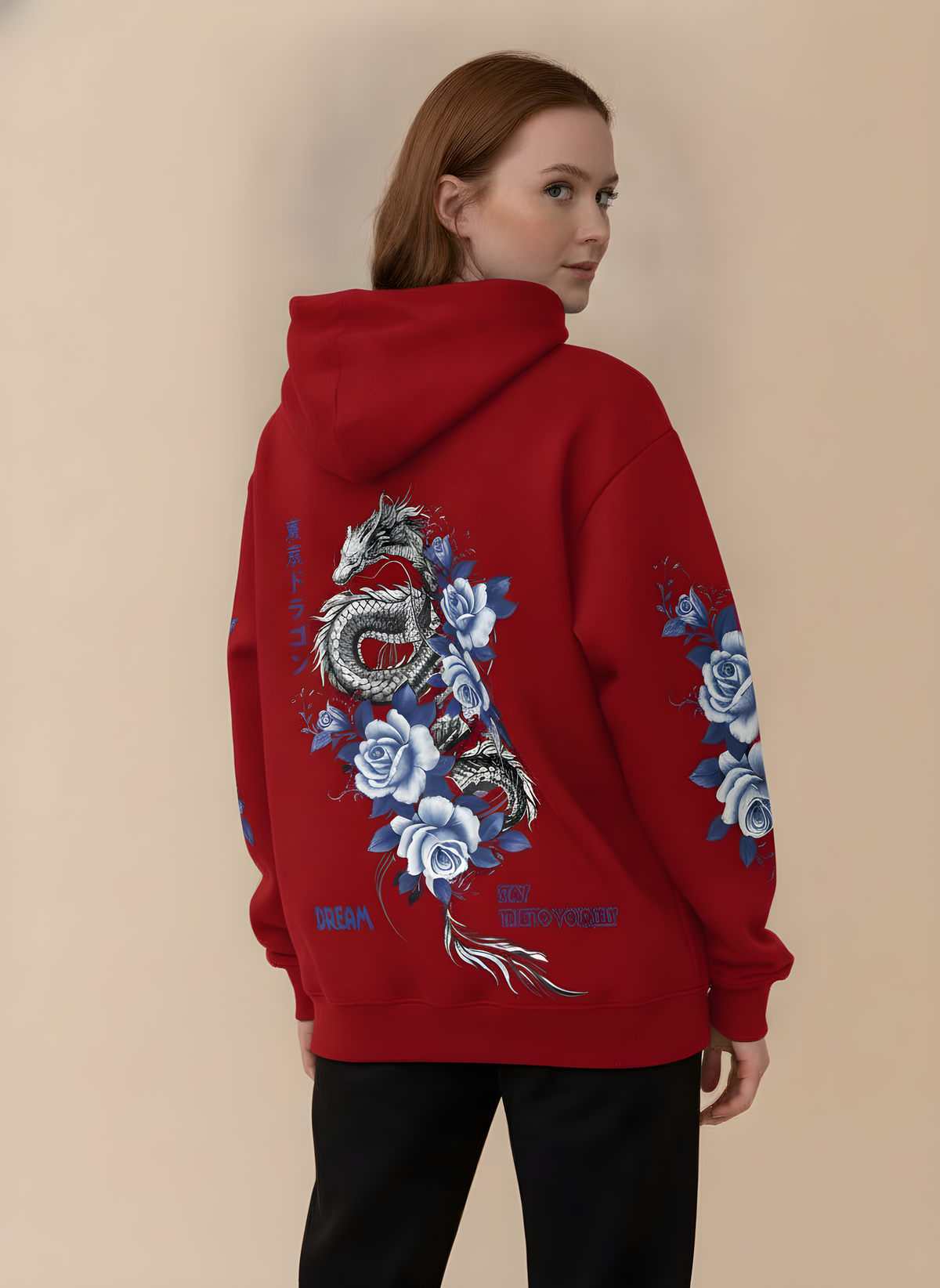 Dragon & Blue Rose Print Hoodie in Red, on model