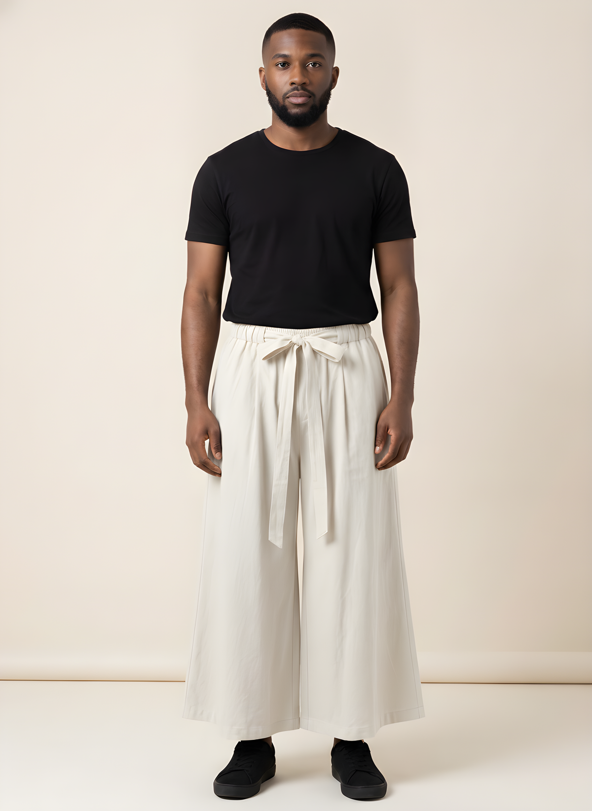 Wide-Leg Linen Hakama Pants in White, on model