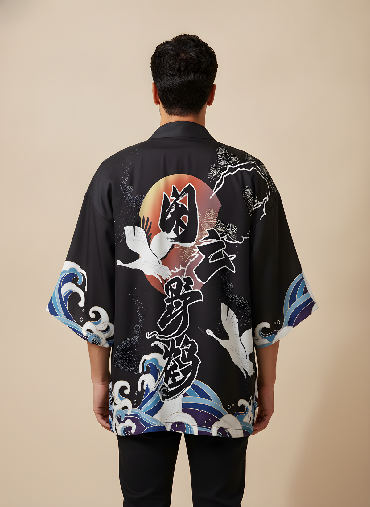 Crane & Wave Haori Top in Black, back view on model