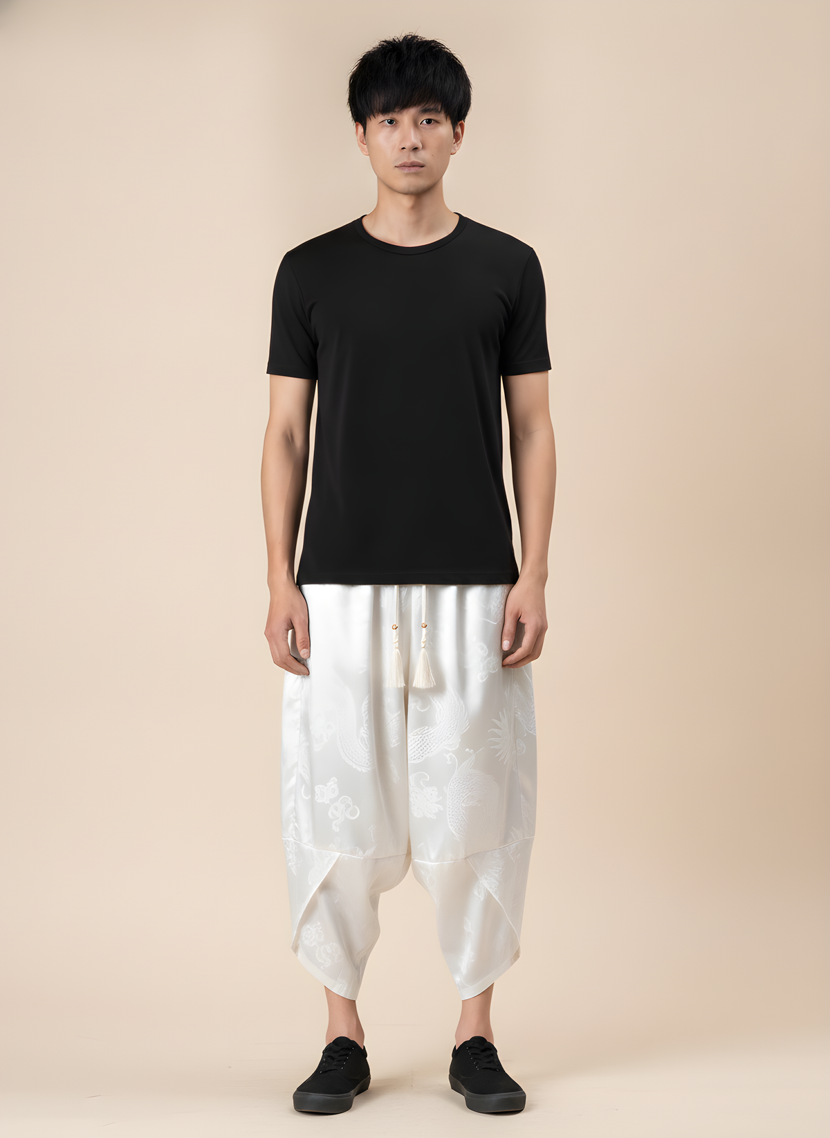 Dragon Print Ice Silk Harem Pants in White, on model