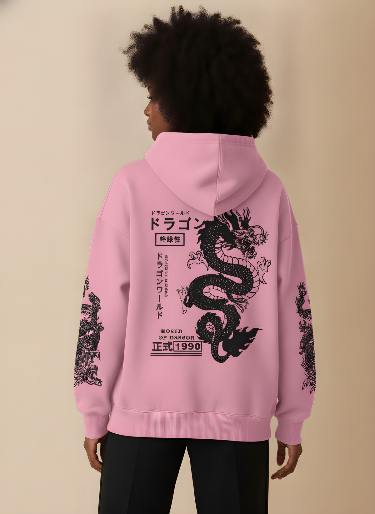 Dragon Print Japanese Hoodie in Pink, on model