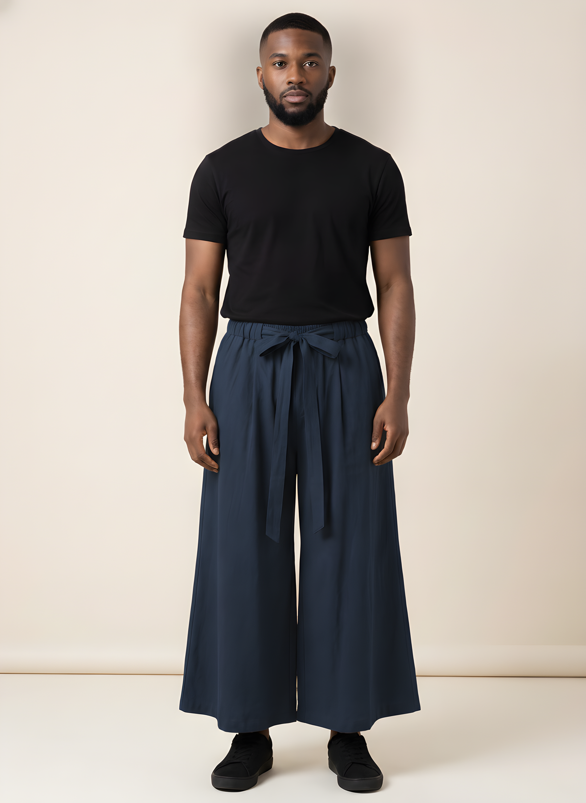 Wide-Leg Linen Hakama Pants in Navy, on model