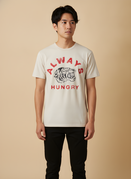 Always Hungry Vintage Tiger Print Cotton T-Shirt, front view on model