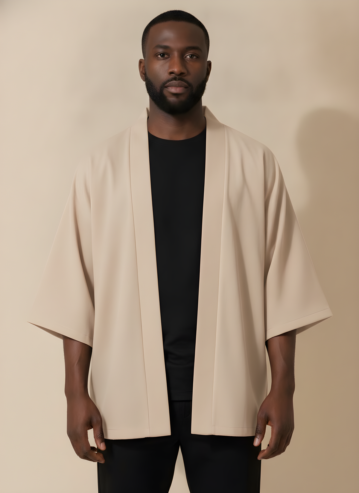 Solid Color Haori Kimono Cardigan in Khaki, on model