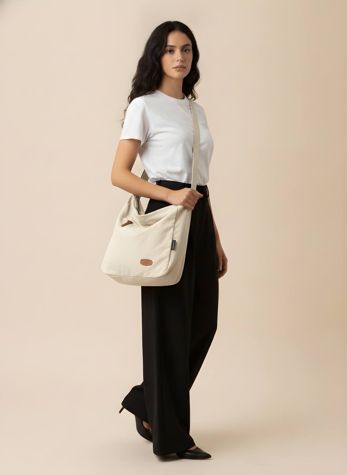 Large Japanese-Style Shoulder Bag in Creamy-white, on model