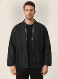 Reversible Winter Haori Jacket with Pockets in Black, on model