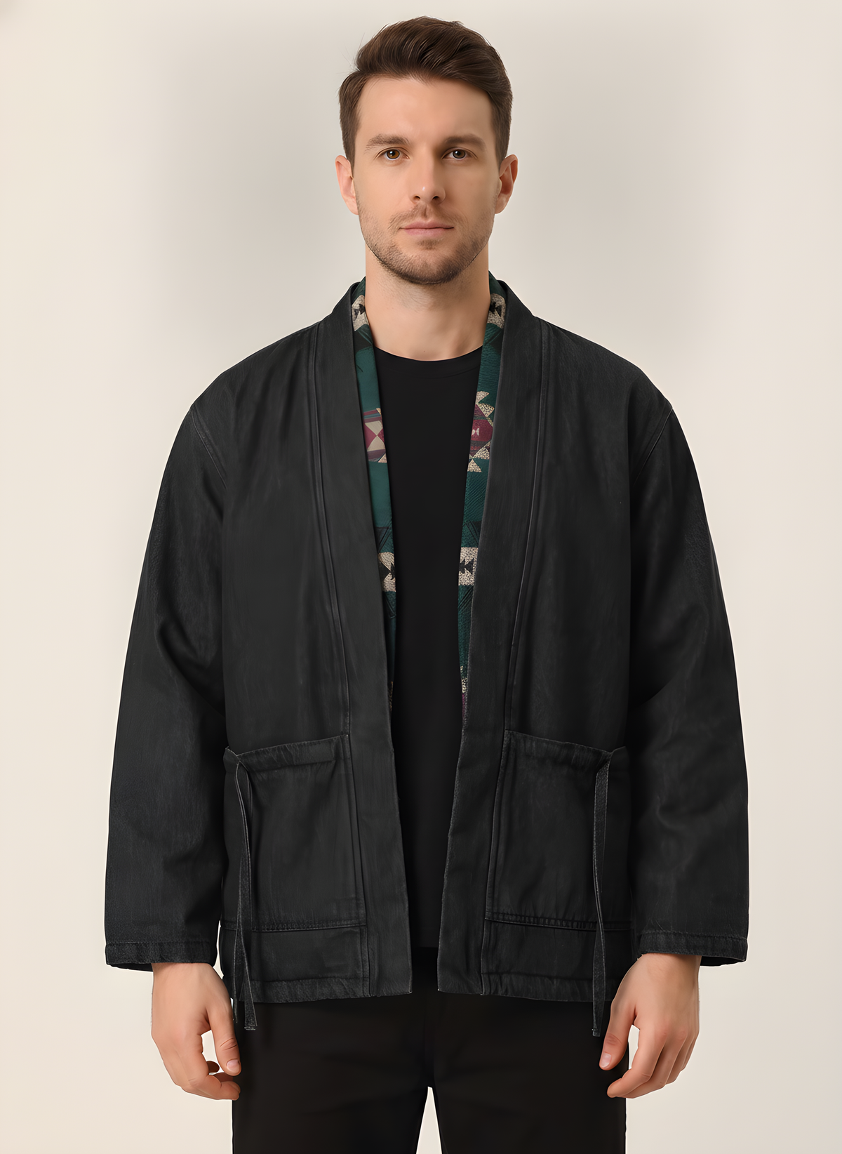 Reversible Winter Haori Jacket with Pockets in Black, on model