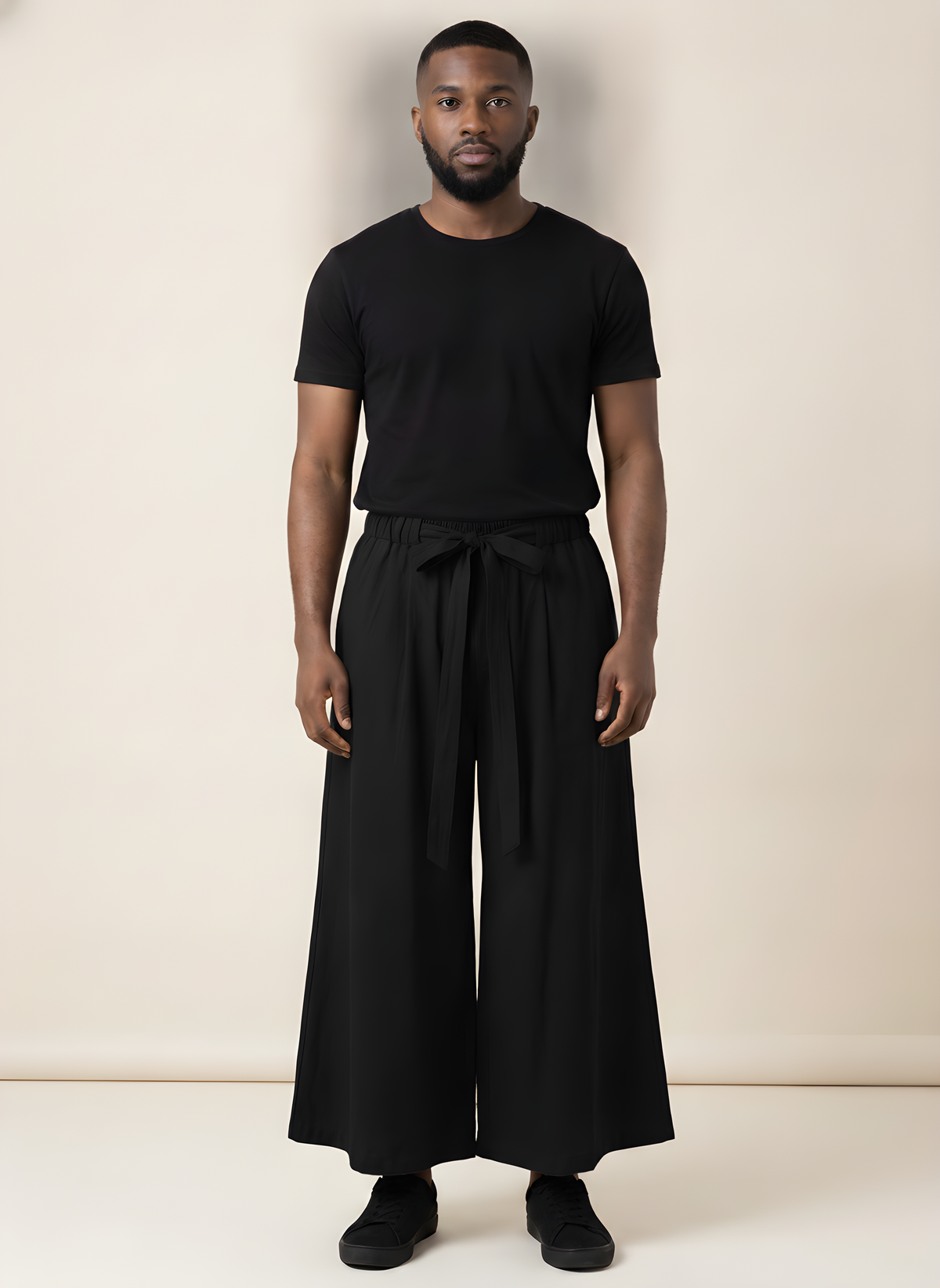 Wide-Leg Linen Hakama Pants in Black, on model