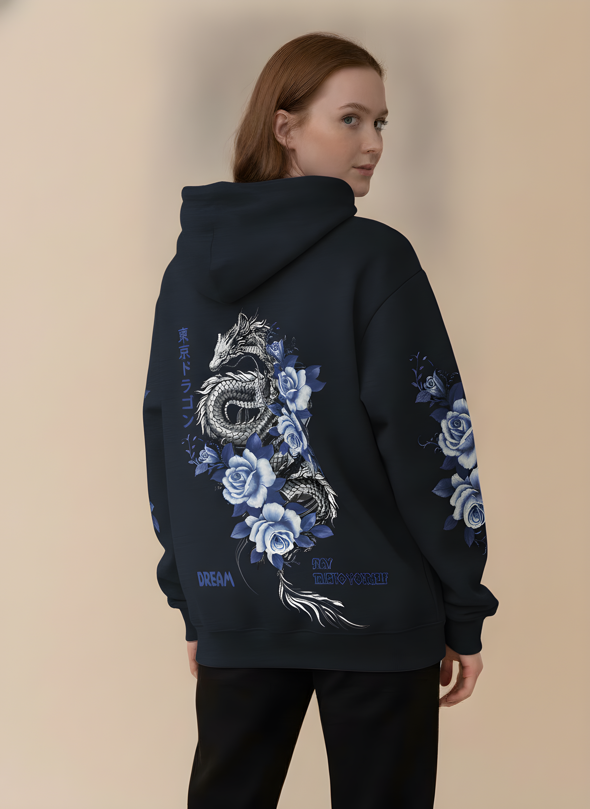 Dragon & Blue Rose Print Hoodie in Navy, on model