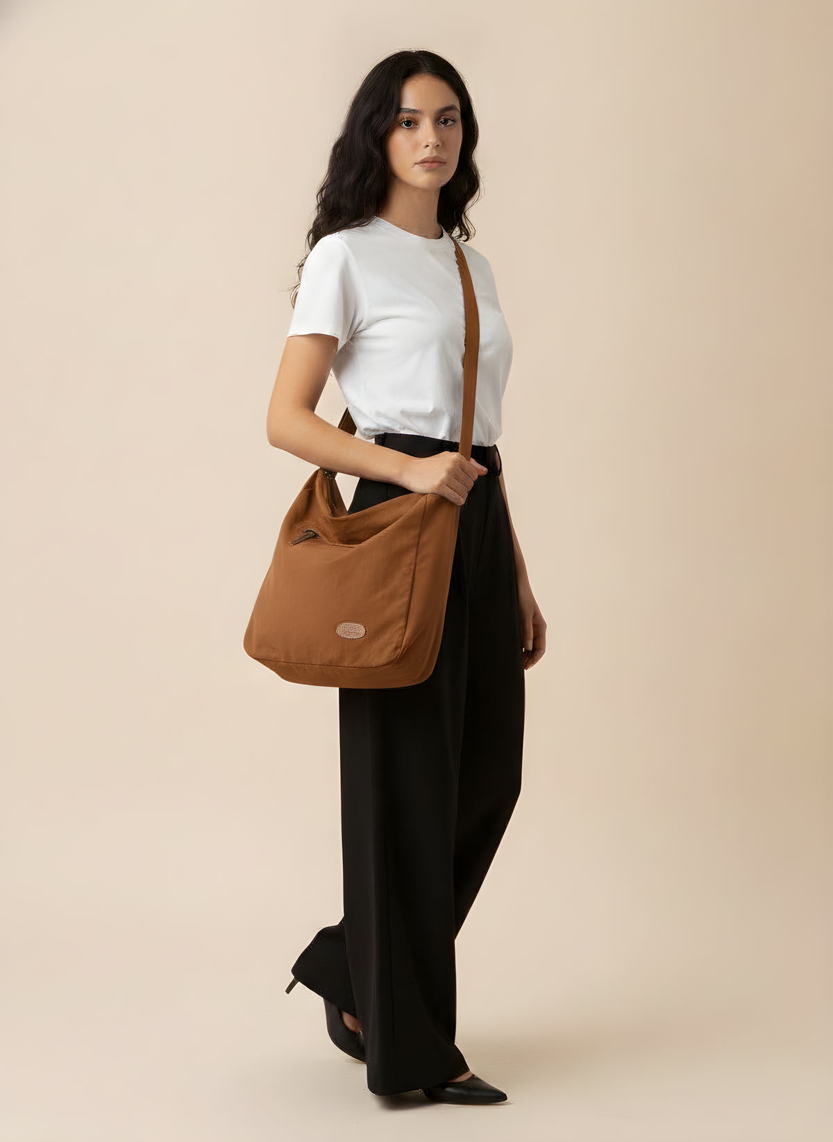 Large Japanese-Style Shoulder Bag in Brown, on model