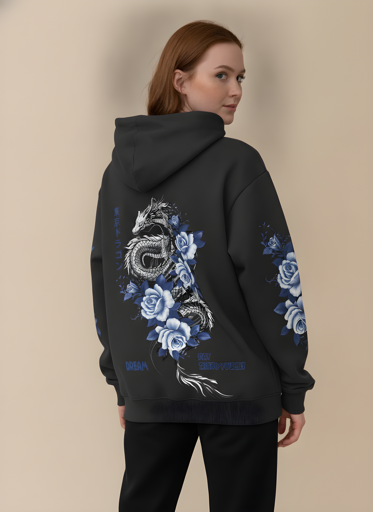 Dragon & Blue Rose Print Hoodie in Charcoal, on model