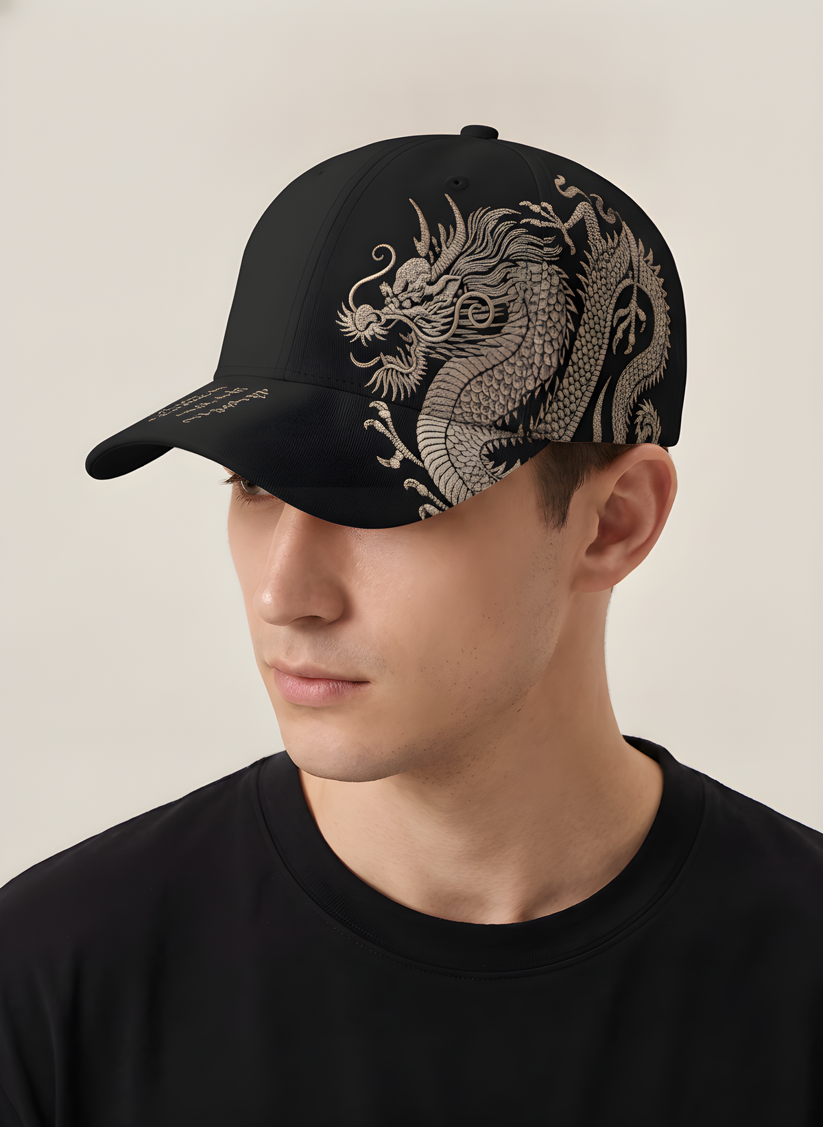 Embroidered Dragon Baseball Cap in Black, on model