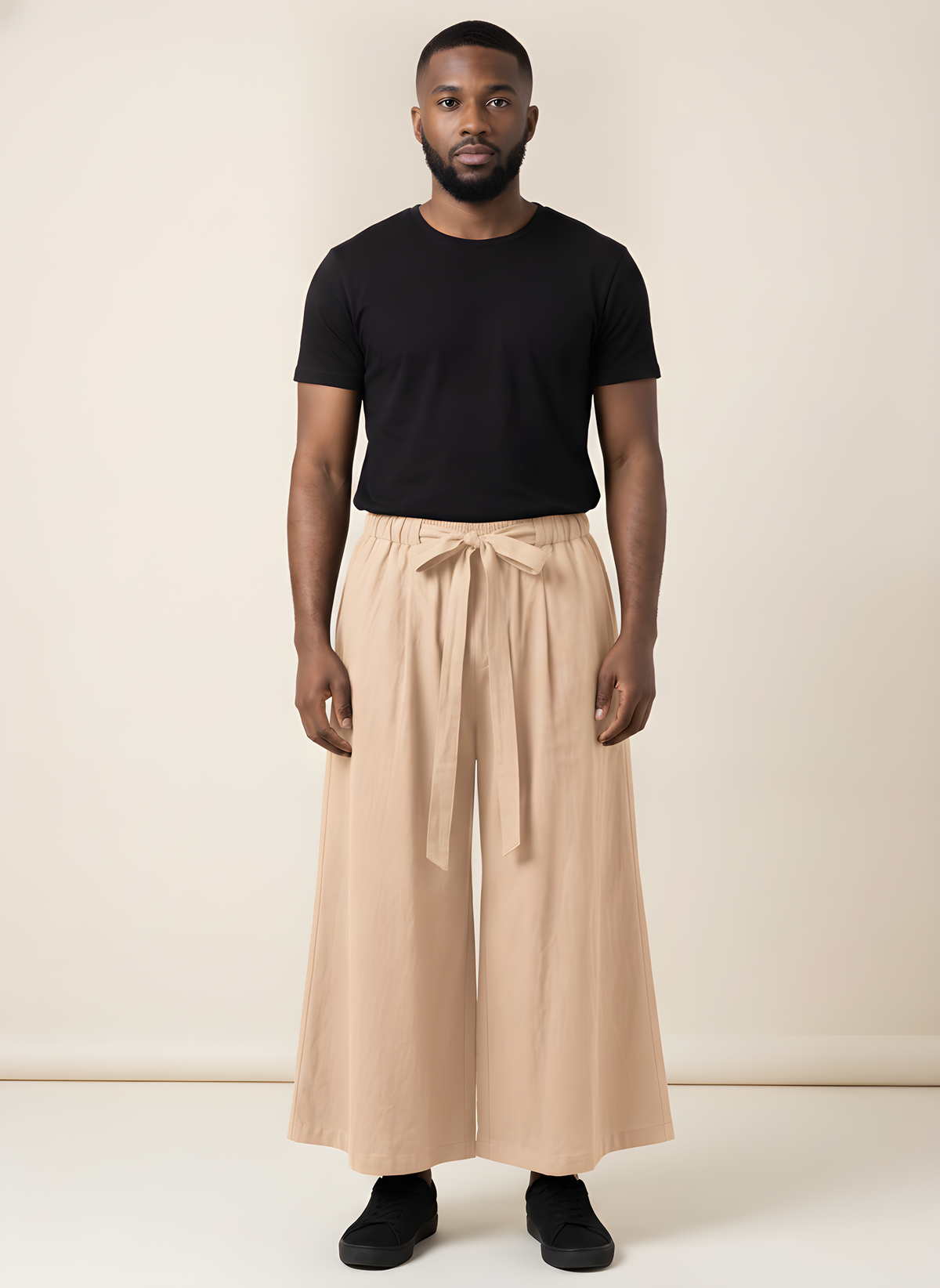 Wide-Leg Linen Hakama Pants in Apricot, on model