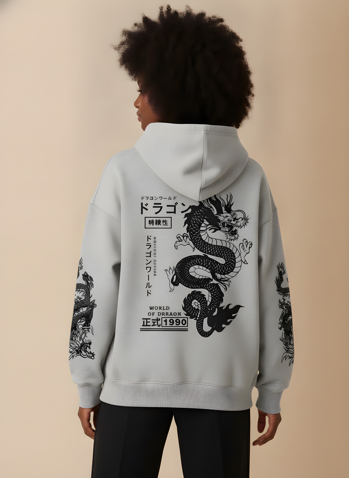 Dragon Print Japanese Hoodie in Gray, on model