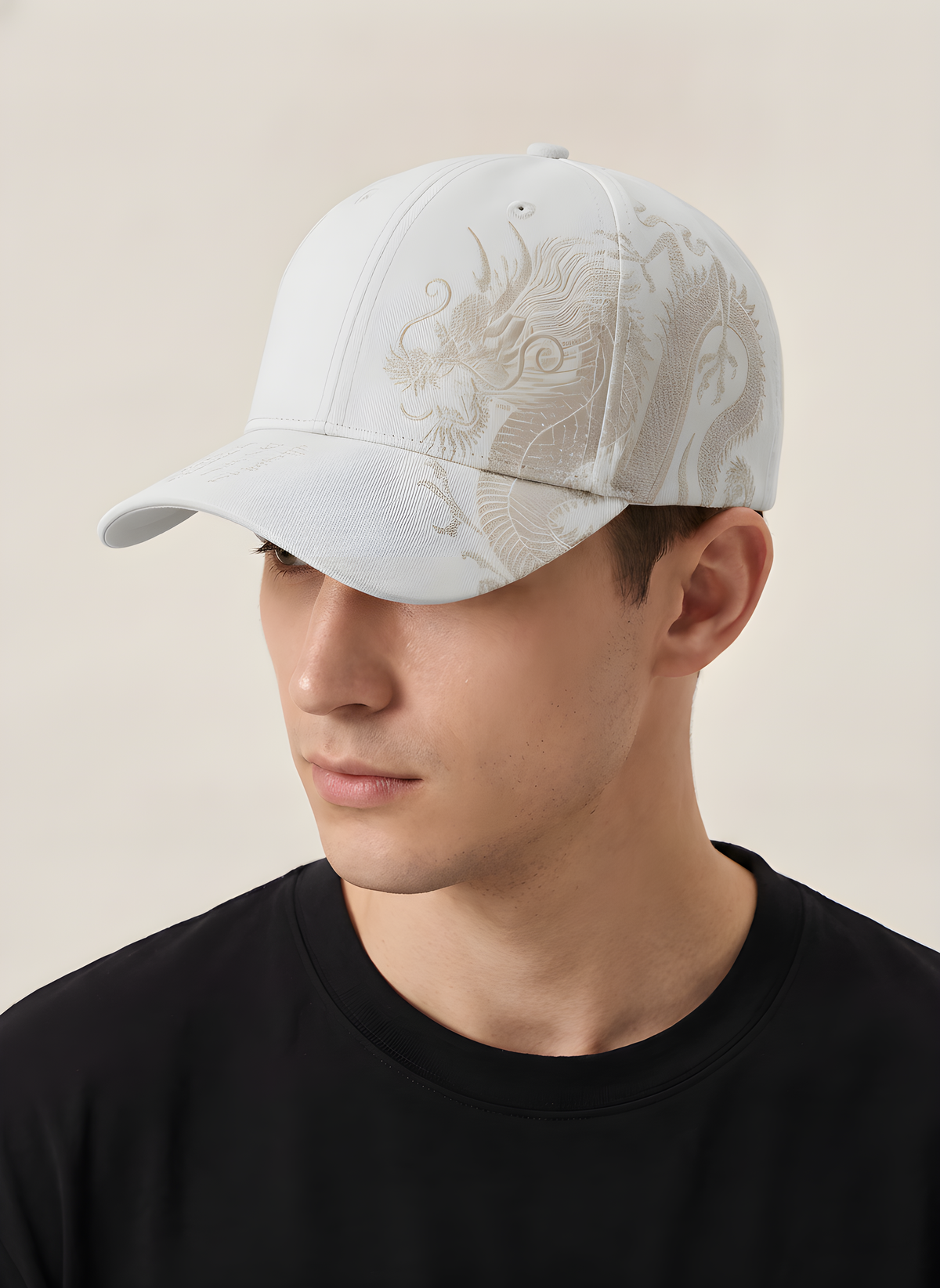 Embroidered Dragon Baseball Cap in White, on model