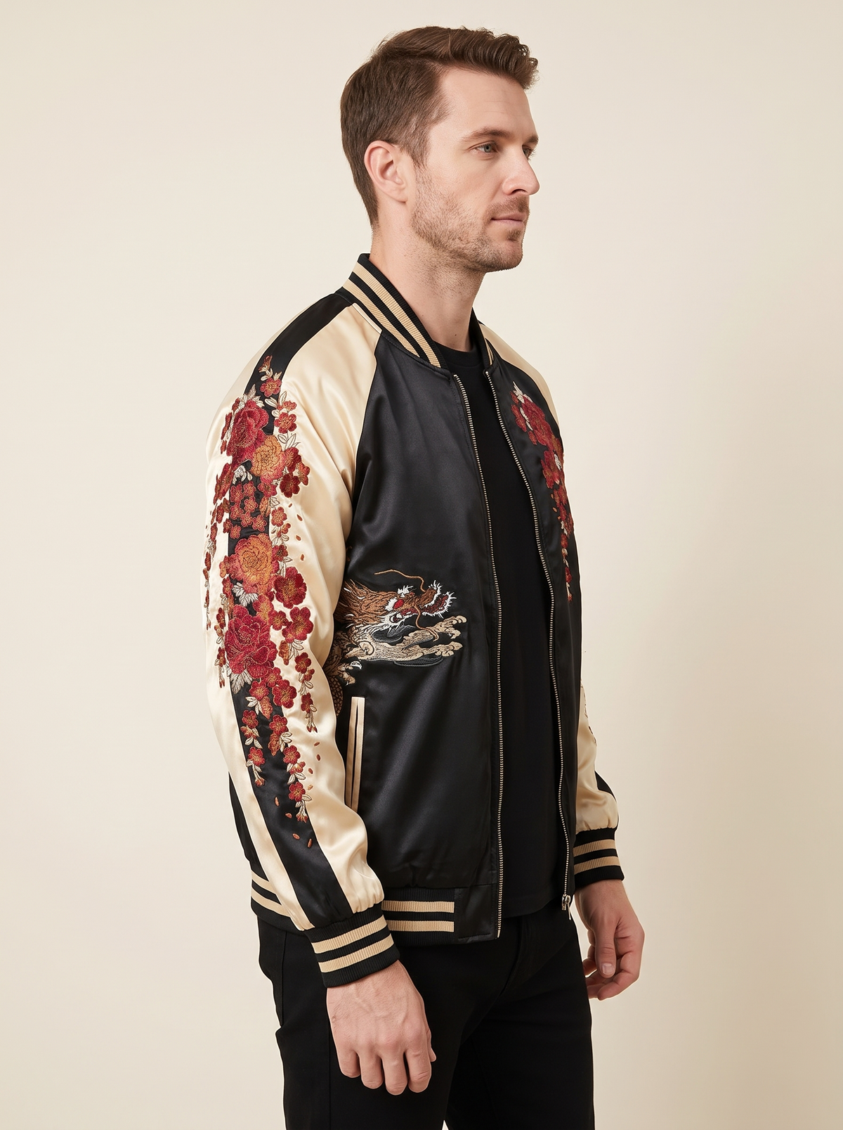 Yokosuka Dragon Sukajan Jacket in Beige, side view on model