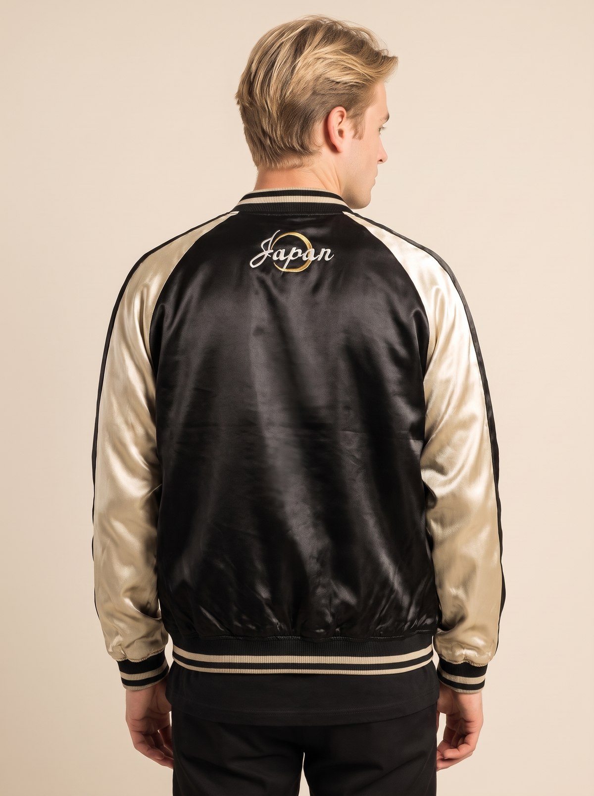 Reversible Sakura Dragon Sukajan Jacket turned to the reverse side, black back with small Japan embroidery
