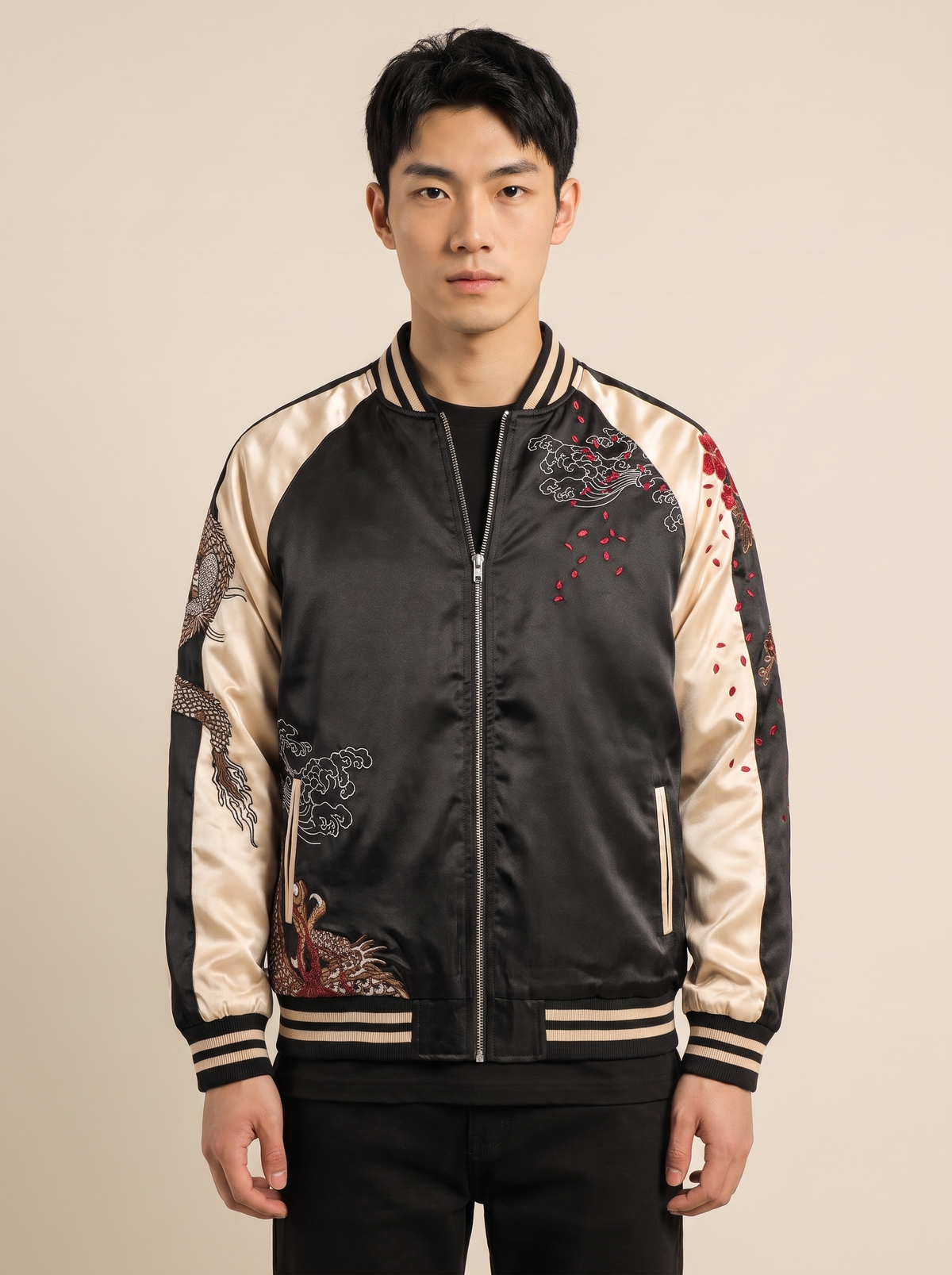 Reversible Yokosuka Dragon Jacket in Beige, front view on model