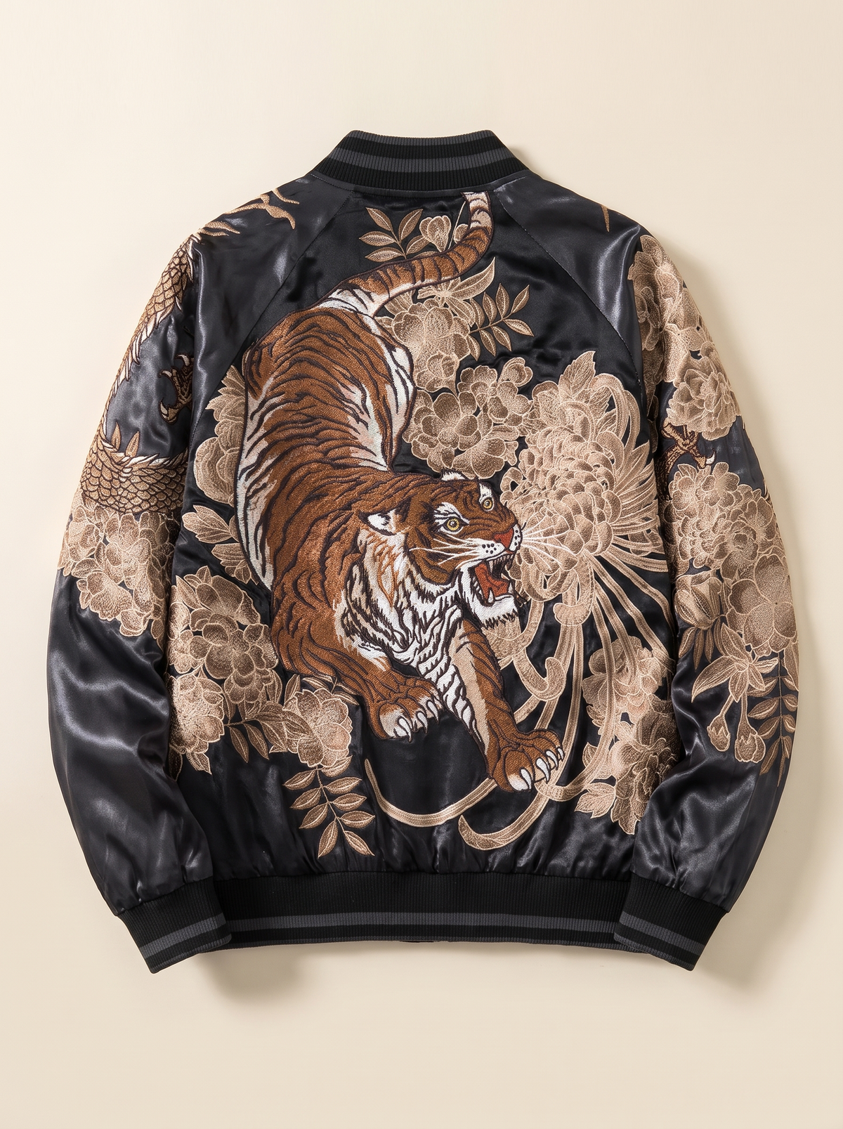 Dragon & Tiger Embroidered Bomber Jacket in Charcoal, product photo of the back