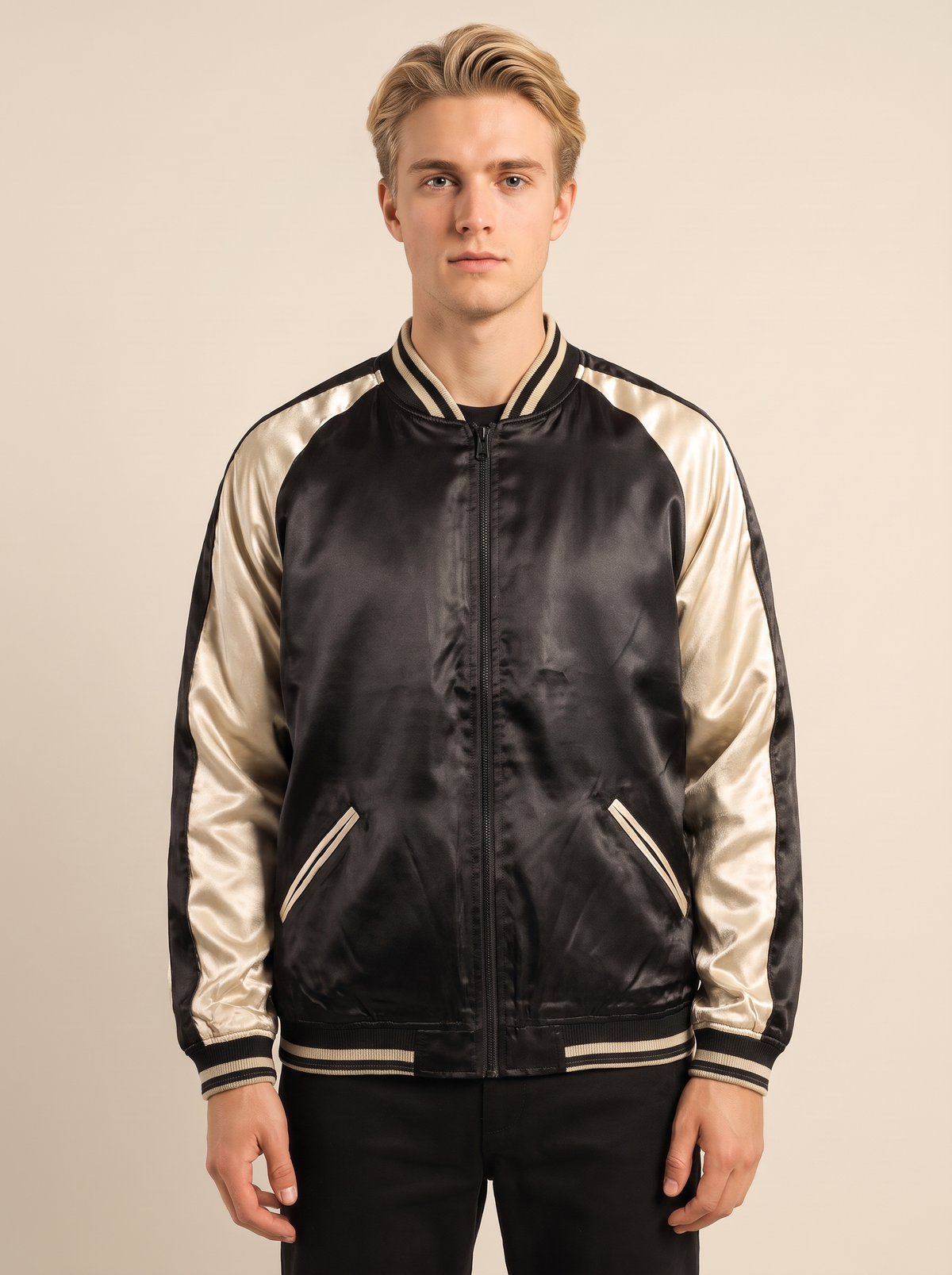 Reversible Sakura Dragon Sukajan Jacket turned to the reverse side, plain black satin front on model