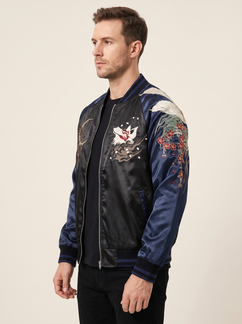 Kitsune & Peony Sukajan Jacket in Navy, side view on model