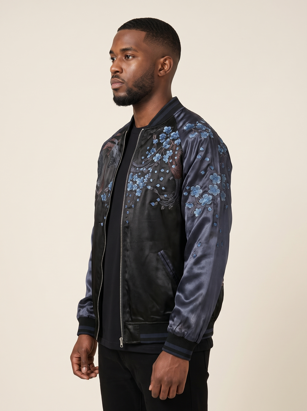 Reversible Lion Embroidered Souvenir Jacket, side view on model