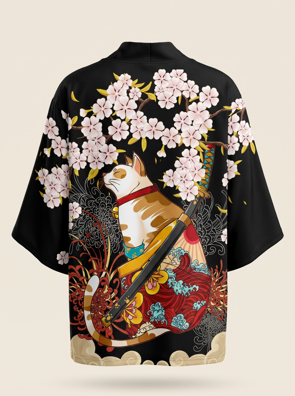 Ukiyo-e Samurai Cat Haori Kimono, product photo of the back