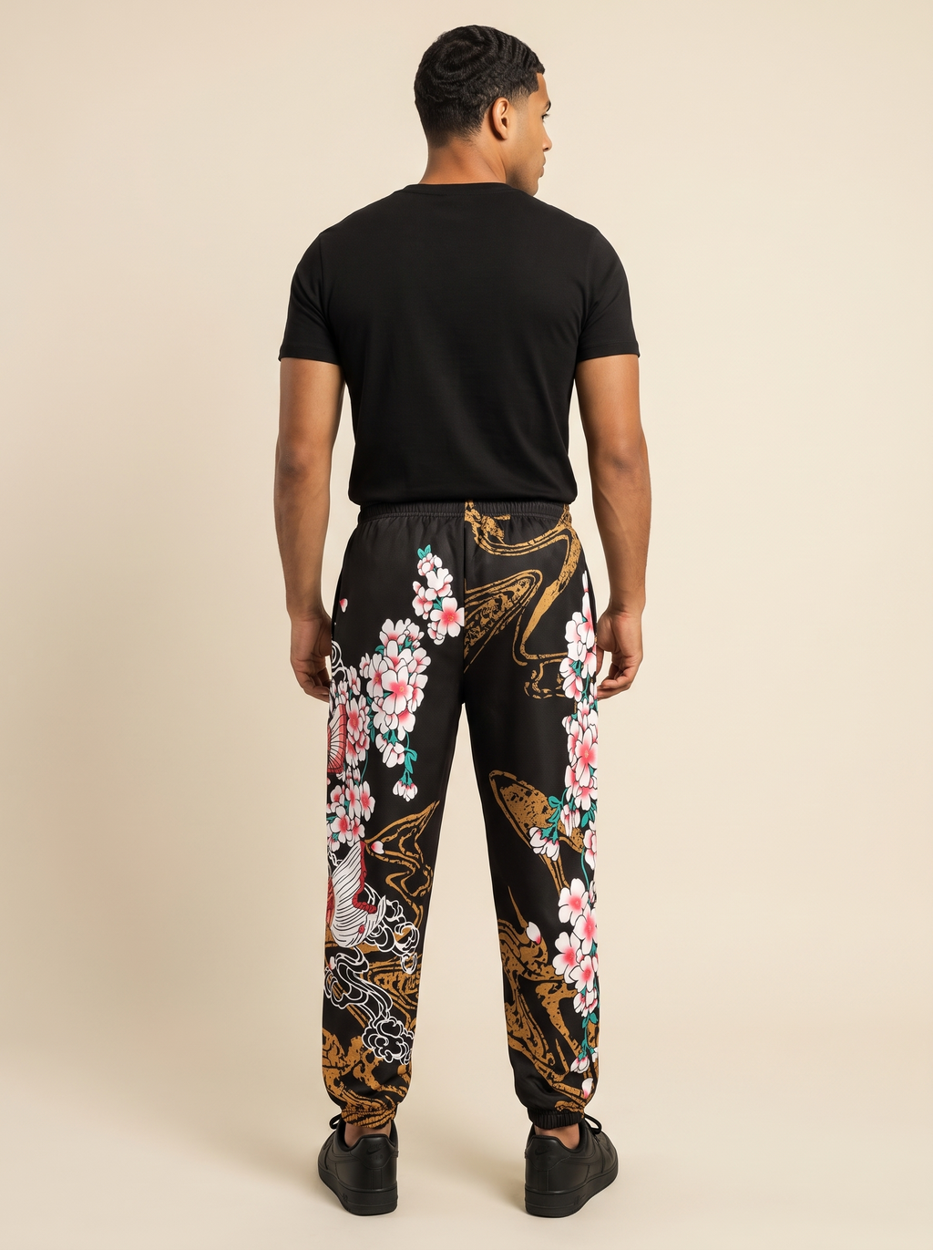 Koi & Sakura Print Cargo Joggers, back view on model