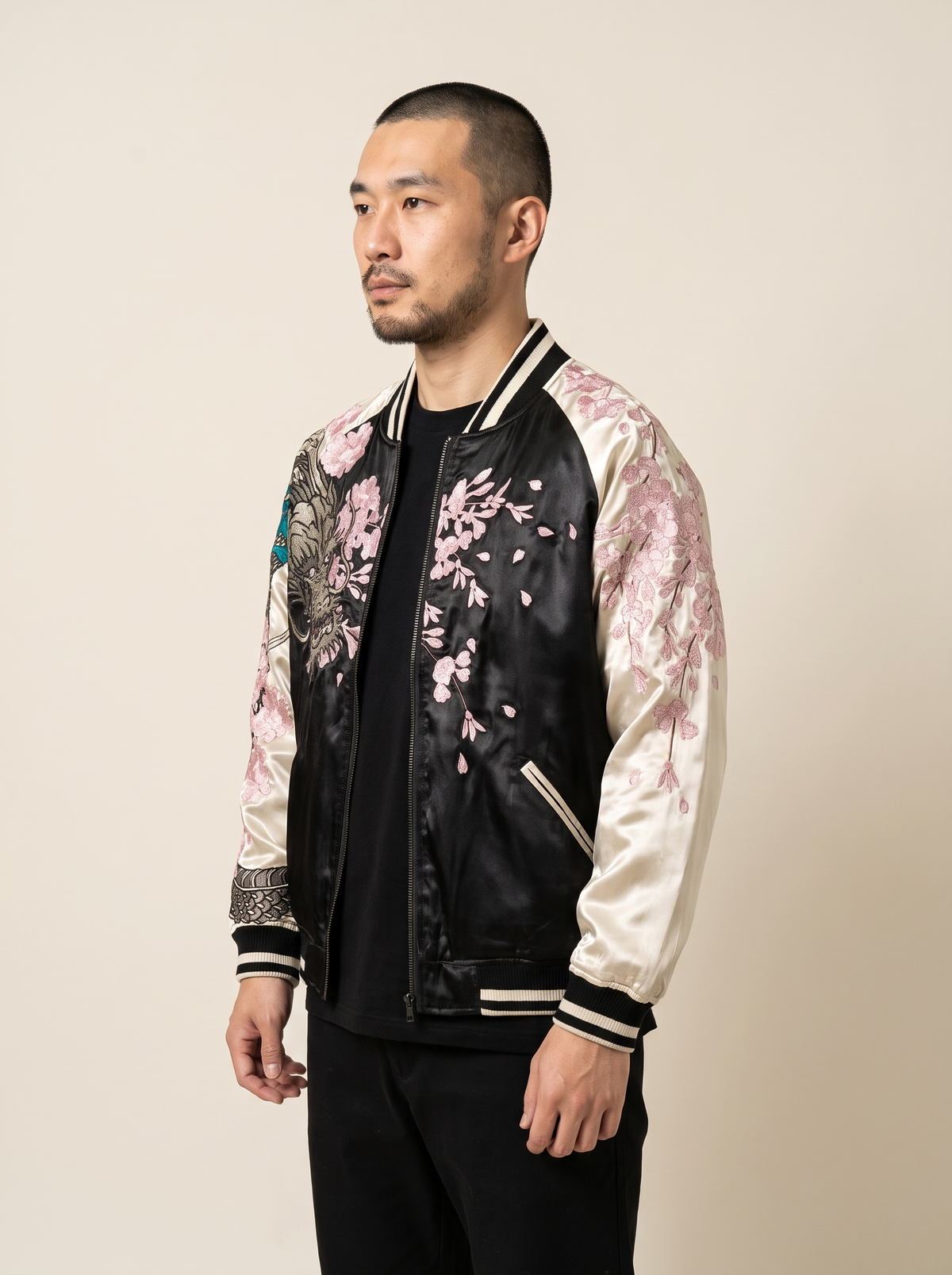 Cherry Blossom & Dragon Sukajan Jacket, side view on model