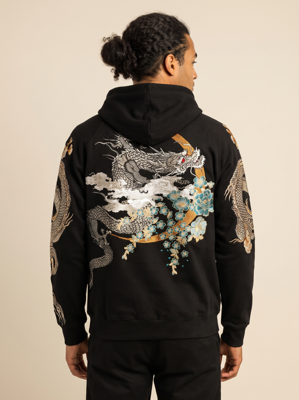 Suzaku Dragon Embroidered Hoodie, back view on model
