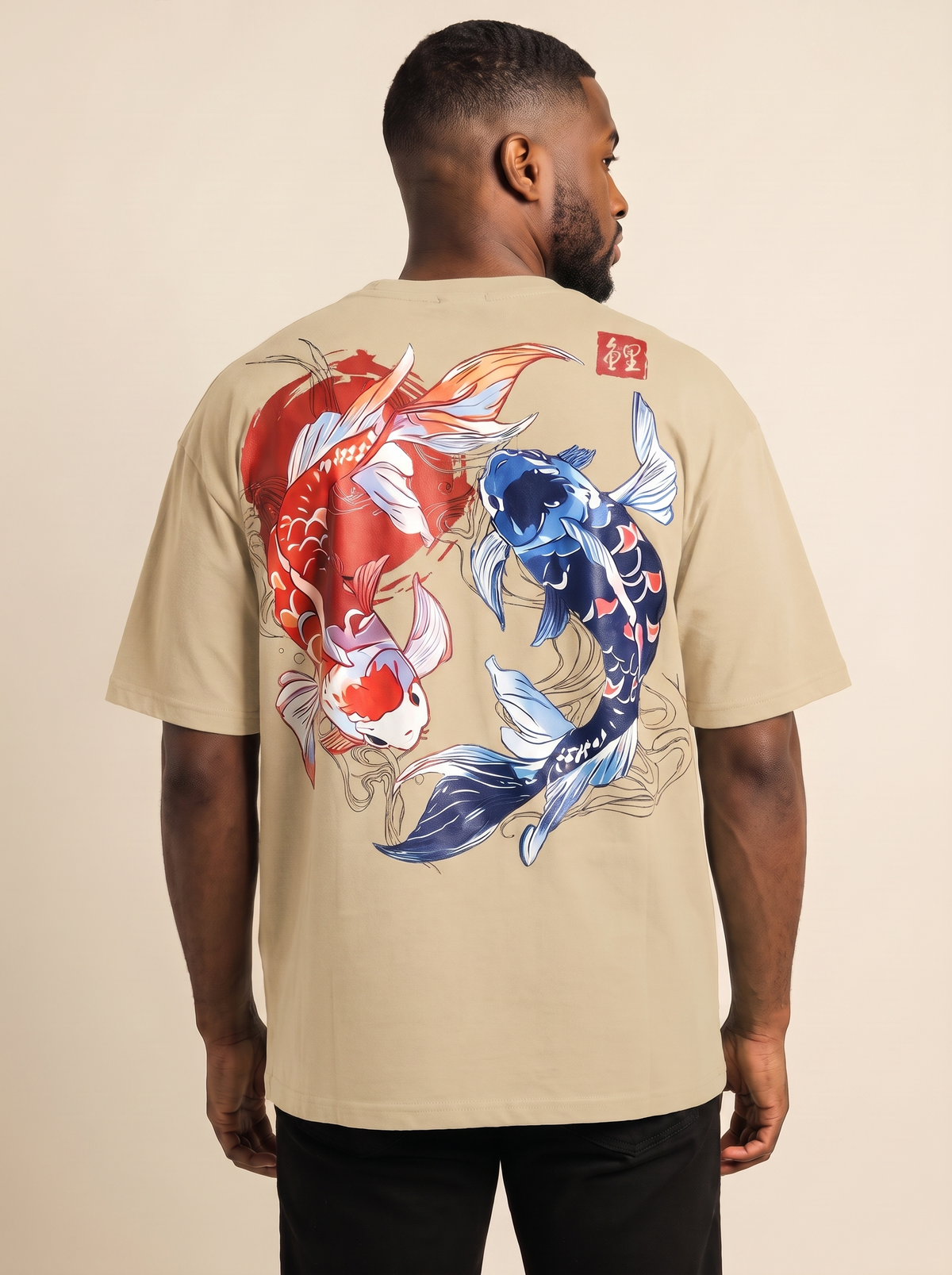 Koi Print Cotton T-Shirt in Sand, on model