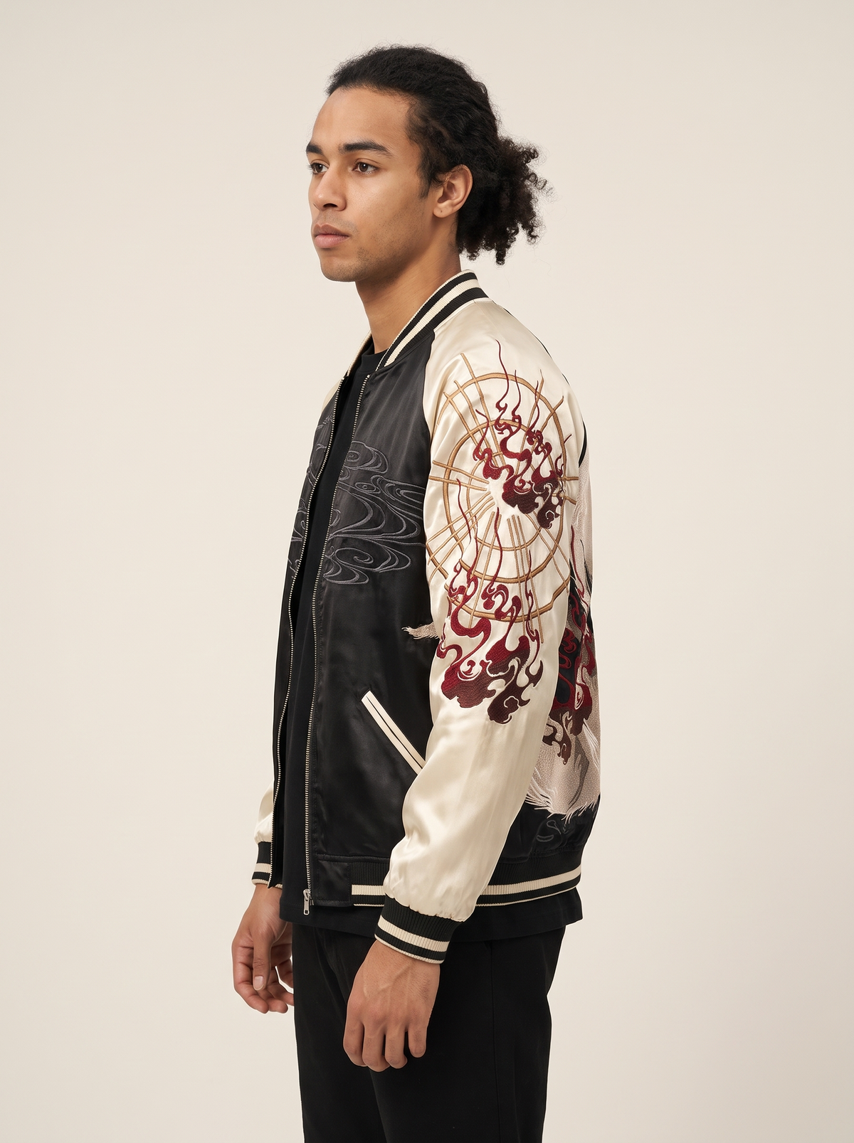 Nine-Tailed Fox (Kitsune) Embroidered Jacket, side view on model