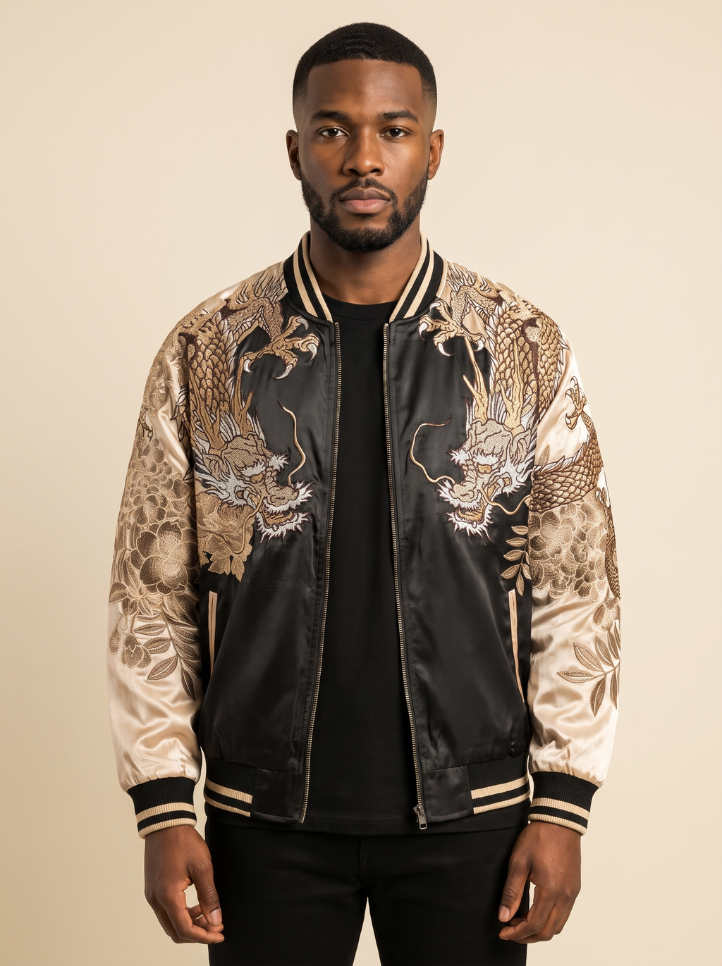 Dragon & Tiger Embroidered Bomber Jacket in Champagne, front view on model