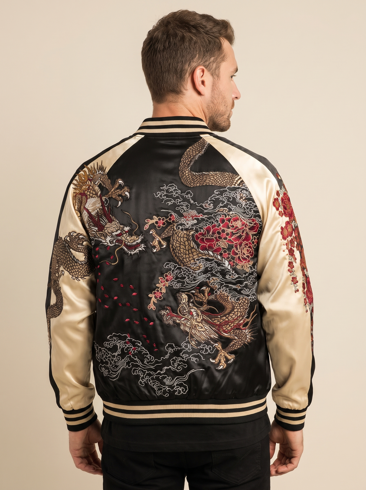 Yokosuka Dragon Sukajan Jacket in Beige, back view on model